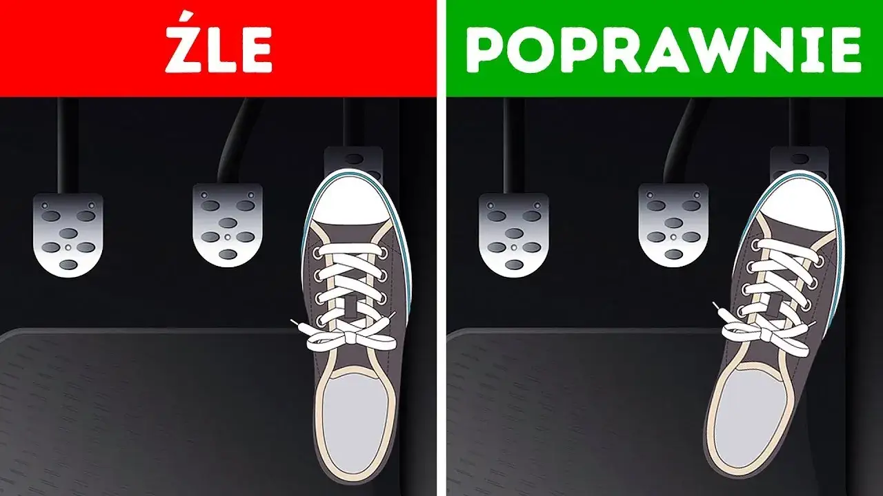 stopy na pedałach sprzęgła gazu hamulca, ręce na kierownicy